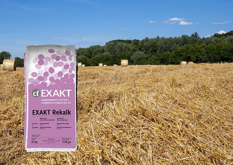 Stoppelfeld Getreide mit Düngersack Rekalk